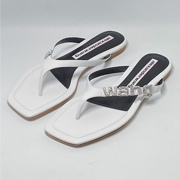 Alexander Wang Ivy Rhinestone Logo Leather Thong Sandals size 37.5 - Picture 1 of 12